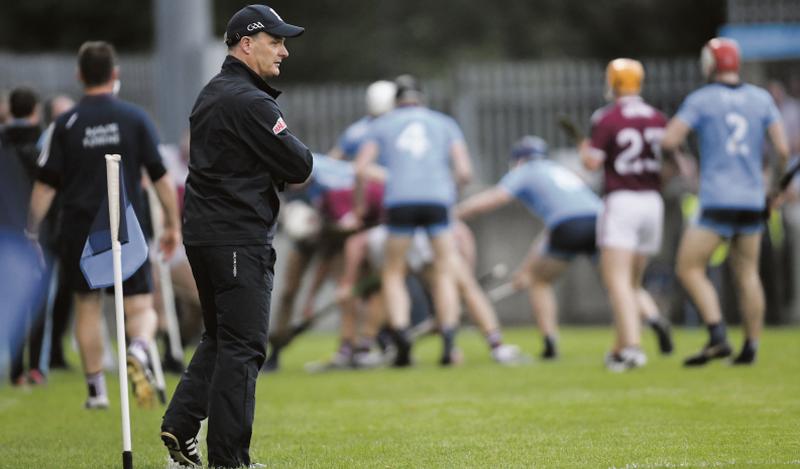 Galway manager Mícheál Donoghue patrolling the sideline during their Leinster hurling championship defeat to Dublin at Parnell Park on Saturday evening. Photo: Ramsey Cardy/Sportsfile