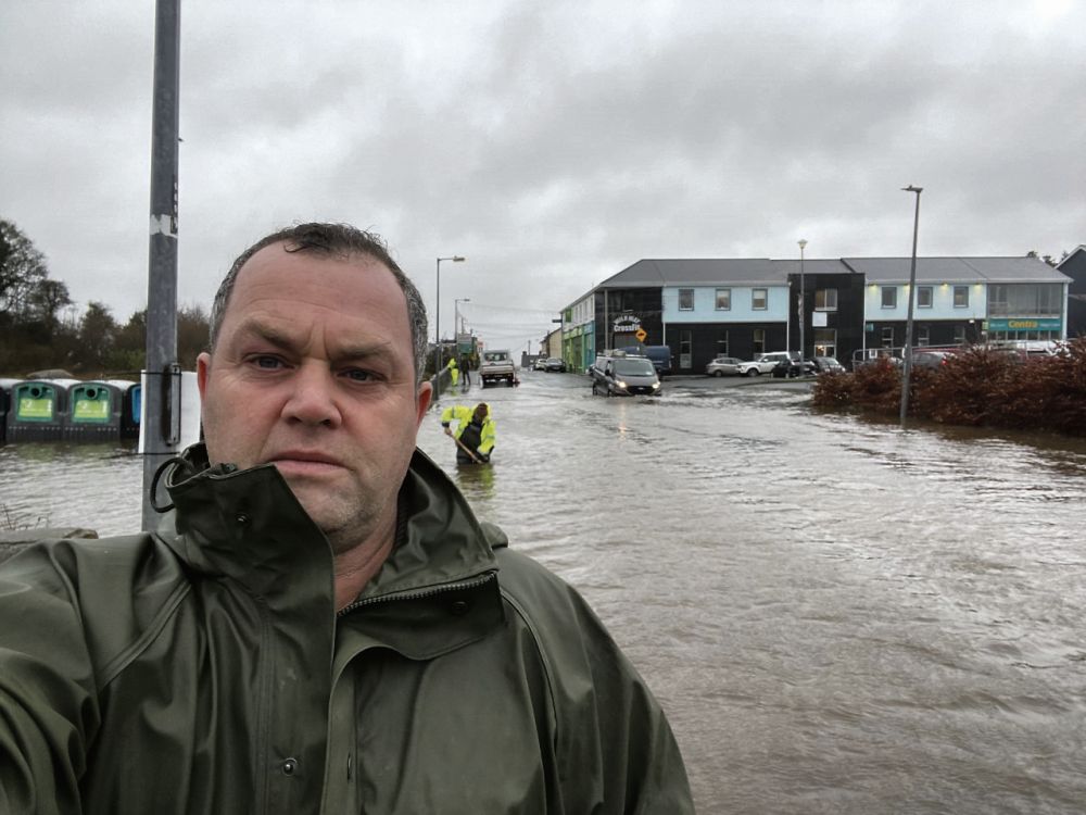 Councillor Noel THomas at the flooding in Moycullen